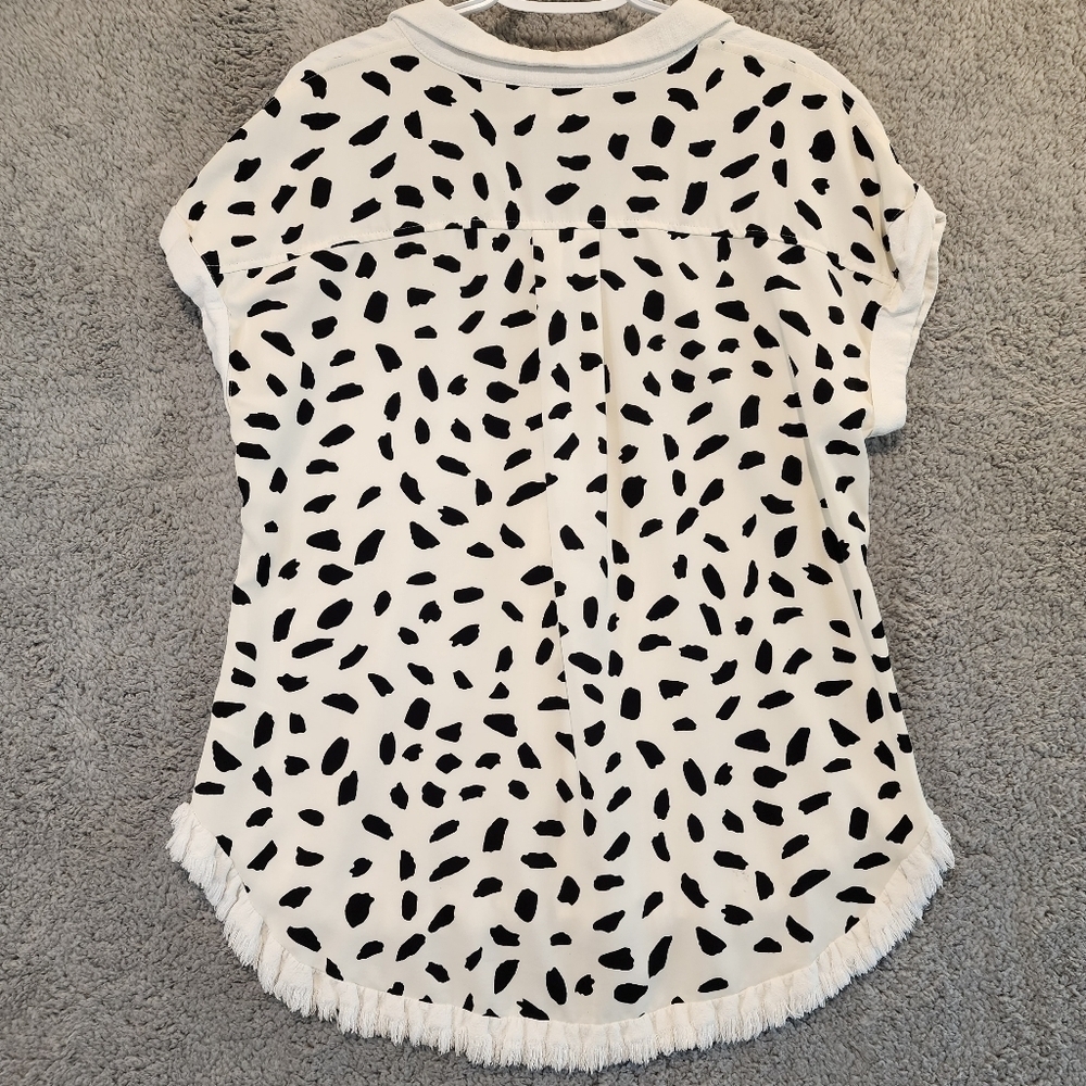 Umgee Top Size Small White Linen Blend Front Polyester Polka Dots On Back Fringe - Picture 5 of 7